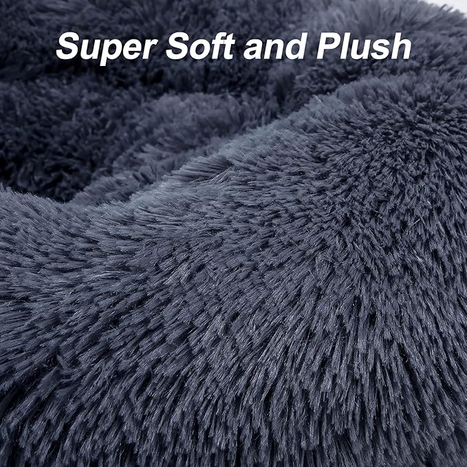 MIXJOY Calming Cat Beds for Indoor Cats, 20'' Kitten Donut Beds for Pet Up to 15lbs, Fluffy Small Cat Cuddler, Anti-Anxiety Plush Faux Fur Large Pet Bed Washable (20'', Grey-Blue)