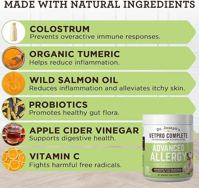 VetPro Advanced Allergy and Itch Support for Dogs - Supports Seasonal Allergies, Itchy Skin, & Immunity - Enhanced with Salmon Oil, Probiotics & Colostrum for Allergies, Immune Support, & Gut Health