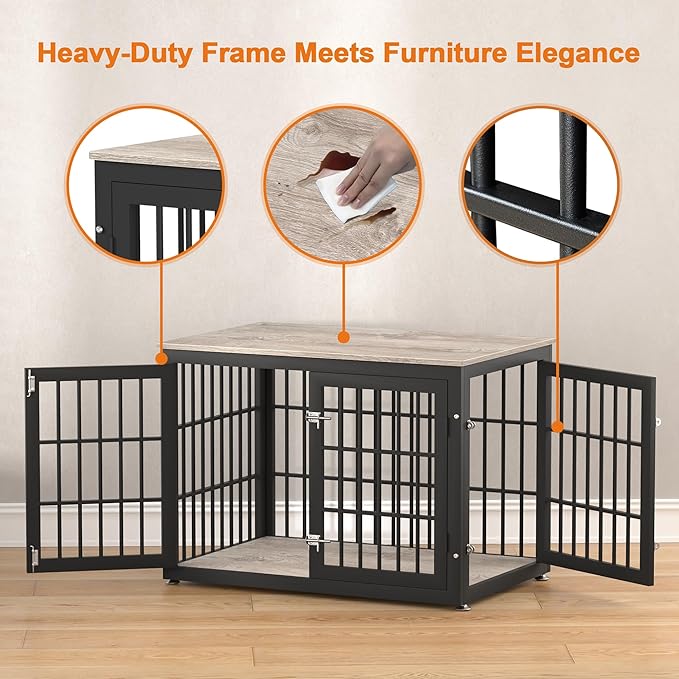 38 Inch Heavy Duty Dog Crate Furniture for Large and Medium Dogs, Decorative Pet House End Table, Wooden Cage Kennel Furniture Indoor, Grey