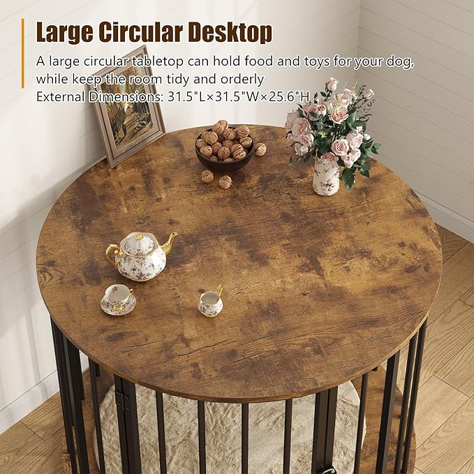 32 Inch Dog Crate Furniture for Large Medium Dogs, Wooden Dog Kennel Indoor Decorative Pet House Side End Table, Round Dog Cage, Rustic Brown