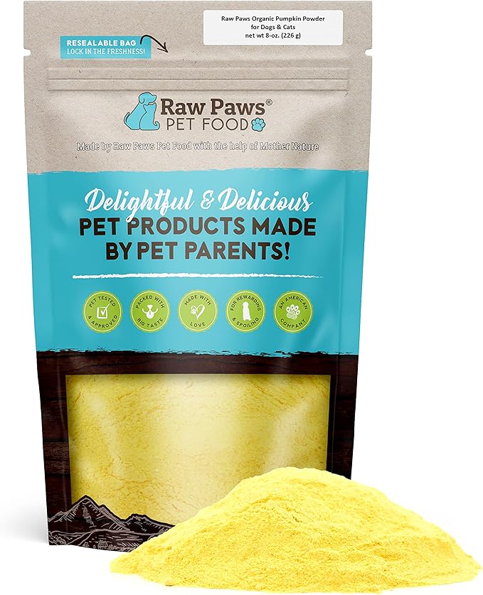 Raw Paws Organic Pumpkin Powder for Dogs & Cats (8-Ounce) - Made in USA - Diarrhea & Constipation Relief - Anti Scoot Powdered Pumpkin for Dog - Fiber for Dogs - Dried Food Topper