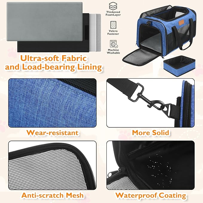 PETUX TSA Approved Pet Carrier in Cabin, 17"x11"x9.5" Soft Cat Carriers for Small Cats up to 12 lb, Top-Open Portable Dog Carrier with Litter Box and Anti-Scratch Mesh for Puppy up to 10 lb (Blue)