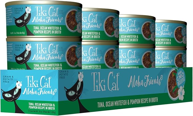Tiki Cat Aloha Friends, Tuna, Ocean Whitefish & Pumpkin, Grain-Free & High Moisture, Wet Cat Food for All Life Stages 3 oz. Can (12 Count)