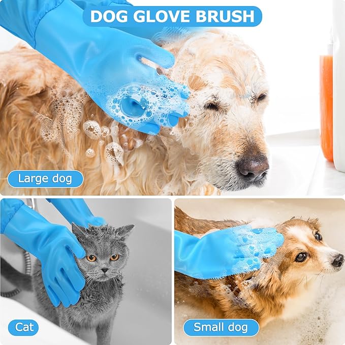 Dog Washing Gloves | Pet Grooming Gloves | Extra Long Arms (17.3") for Cats & Dogs | Massage & Hair Removal Pet Glove(Blue)