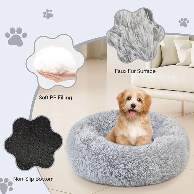 Calming Round Cute Cat & Dog Bed, Anti-Slip Washable Cozy Soft Round Pet Bed, Fluffy Faux Fur Plush Dog Cuddler Bed Fits up to 15 lbs Dogs and Cats(Donut Light Grey, 20inch x 20inch)