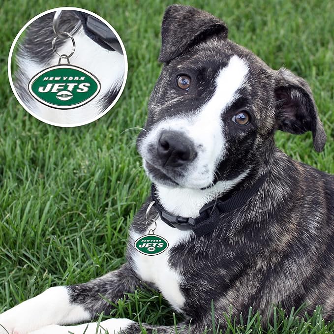 NFL New York Jets Engraving Pet ID Tags in 32 Team Logo Shapes Personalized Dog Tags and Cat Tags with 3 Lines of Customizable Text for Tracking & Safety. Stainless Steel Pet ID Tracking Tags