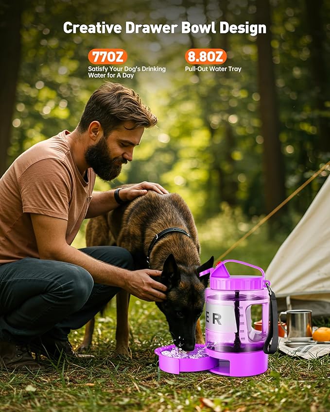 Portable Dog Water Bottle Bowl - 77 oz Travel Water Bowl Dispenser for Dogs Leak Proof, Suitable for Large Pet Drinking, A Must Have for Outdoor, Camping, Walking, Beach, Hunting Other Scenes （Purple）