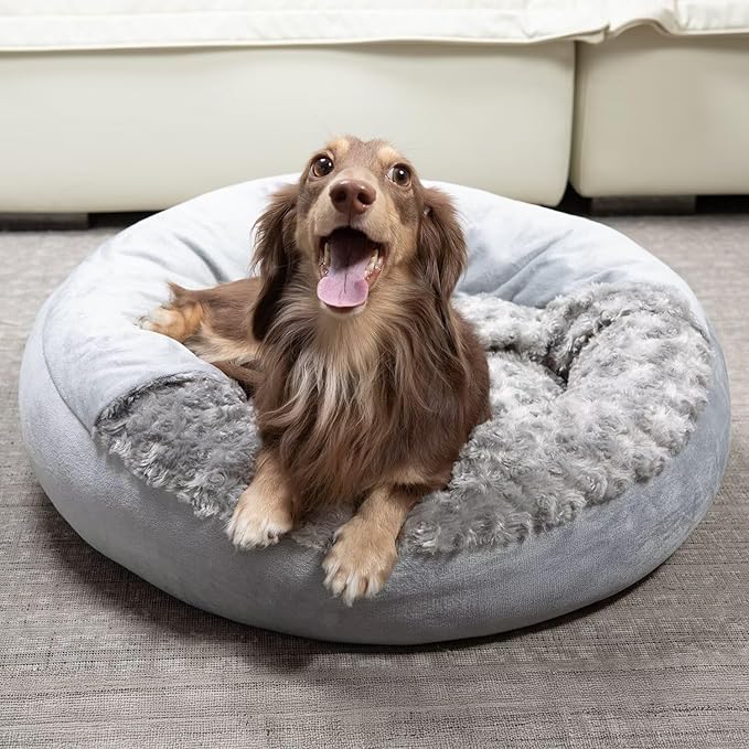 Cave Dog Bed with Blanket Donut Round Plush Cozy Cat Pet Bed for Puppy Machine Washable Removable Cover Cat Anti-Slip Bottom Gray 26X26X8 inch