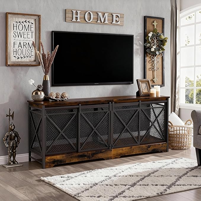 COZPAW 78 Inch Double Dog Crate Furniture, Extra Large Dog Kennel Indoor for 2 Dogs, Heavy-Duty Dog Cage with Divider, Wooden Dog House Decorative Table & Chew-Resistant Steel (Caramel Brown)