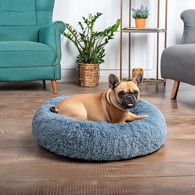 PetAmi Calming Dog Bed for Small Medium Dog Cat, Round Donut Washable, Fluffy Faux Fur Plush Cuddler Pet Kitten Cushion, Anti-Slip, Fits up to 25 lbs, 23 inch, Dusty Blue