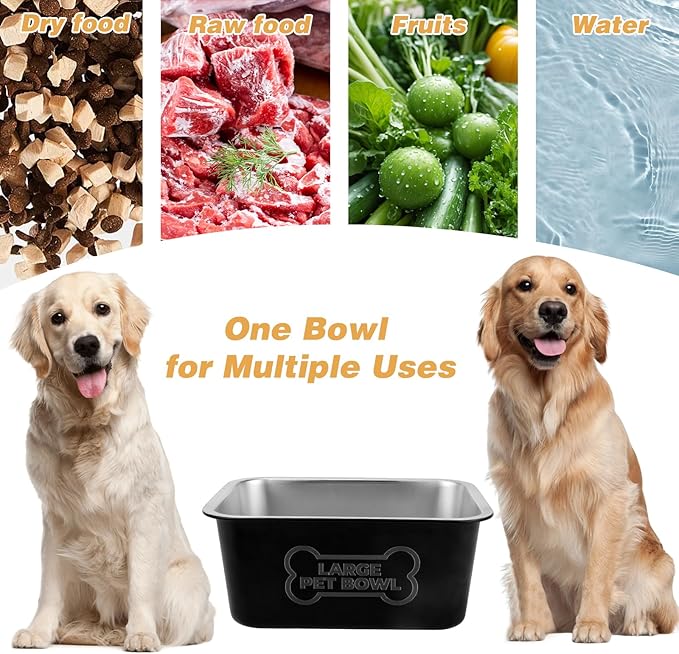 3 Gallons Large Dog Water Bowl, Stainless Steel Metal Dog Bowls, Large Capacity Pet Food Bowl Water Dish for Indoor and Outdoor Universal for Medium to Giant Dogs Black
