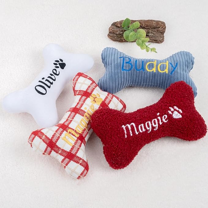 2025 Personalized Squeaky Dog Toys, Embroidered Bone Shape Corduroy Pet Pillow 8"x5"with Name, Dog Chew Puzzle Toy Custom Color Birthday Gifts for Small Medium Dogs