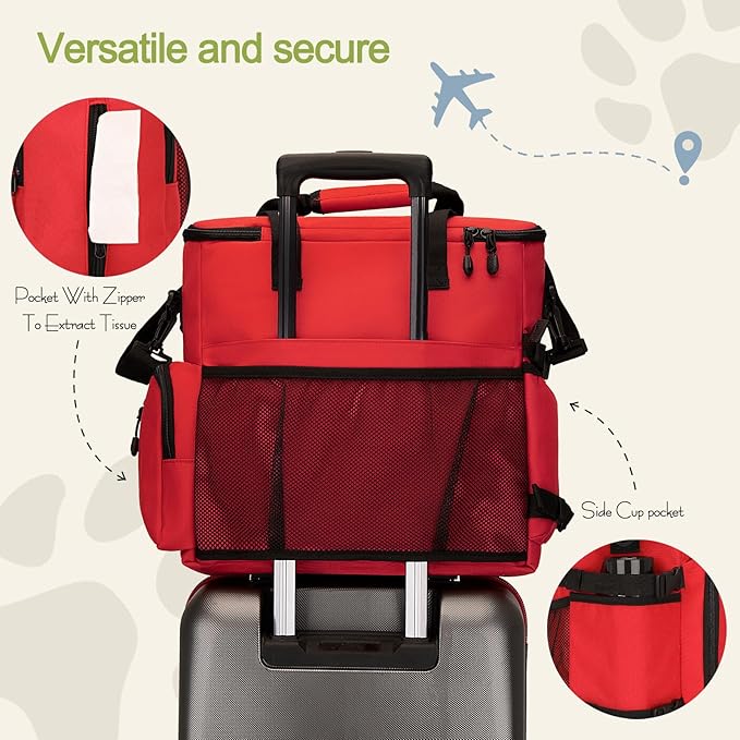 Dog Travel Bag,Weekend Pet Travel bag Set for Dog and Cat,Airline Approved Tote Multi-Function Bags for Traveling,Include 2 Collapsible Bowls,2 Food Storage Containers,1 Feeding Mat,Red