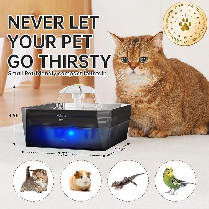 Veken Small Pet-Friendly Cat Water Fountain with Stainless Steel Lid & Quiet Pump, Easy to Clean & Assemble, 50oz Mini Pet Water Dispenser with 4 Replacement Filters & 4 Pre-Filter Sponges, Silver