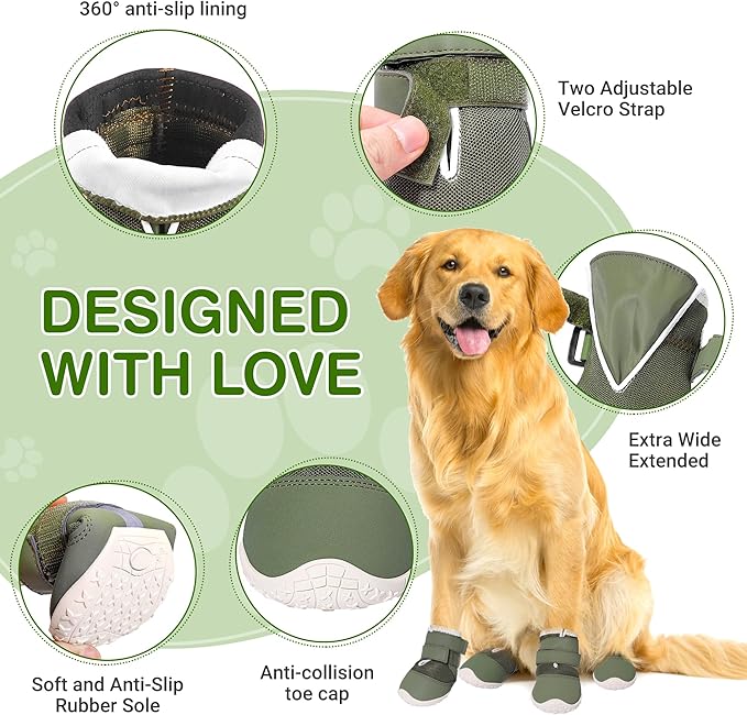 DcOaGt Dog Shoes Mesh Breathable Dog Booties for Hot Pavement Summer with Anti-Slip Sole,Dog Boots Paw Protectors for Small Medium Puppy for Winter Snow Rain Hiking,Military Green 4PCS(Size 2)