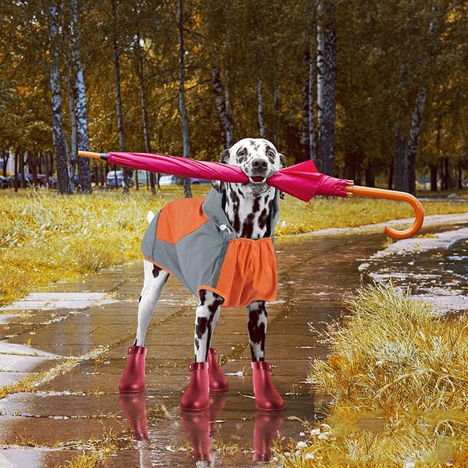 IECOii Dog Raincoat,Waterproof Rain Coat for Small Dogs,Adjustable Pet Rain Jacket with Hood,Lightweight Doggy Raincoats with Reflective Stripes,Orange,Small