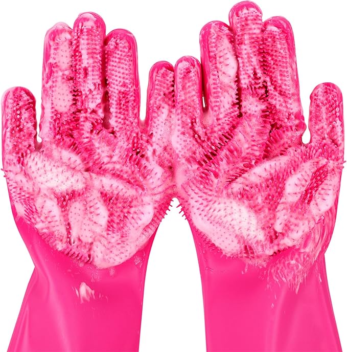 Pecute Pet Grooming Gloves - Heat Resistant Silicone Gloves with High-Density Teeth and Enhanced Five Finger Design for Bathing and Massaging Dogs and Cats (Pink)