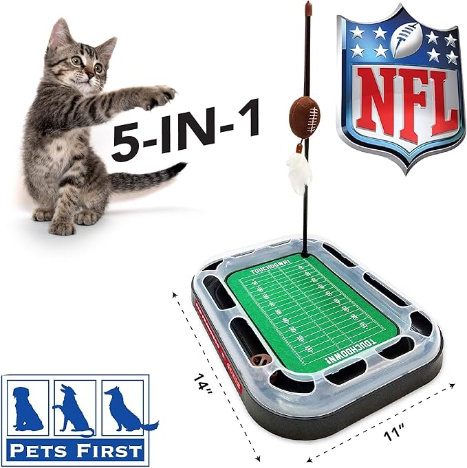 Pets First Cute Cat Toy SAN Francisco 49ERS Football Field CAT Scratcher Toy, Catnip Filled Plush Football Toy & Feather Cat Toy Hanging with Jingle Bell Interactive Ball Cat Chasing 5in1 Kitty Toy