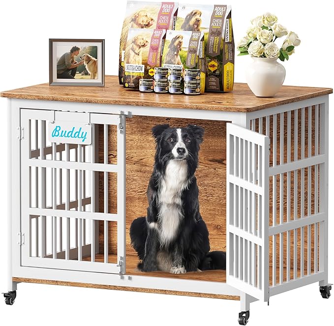 EasyCom 42"/41"/33" XL Heavy Duty Dog Crate Furniture with Casters, Dog Kennel Indoor for Large and Medium Dogs, Double-Doors Sturdy Dog Cage for Anxiety Dog, Decorate House as TV Stand, Bedside Table