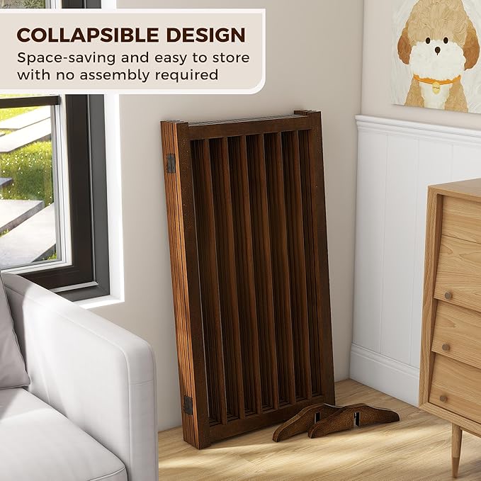 36" H Freestanding Pet Gate, Solid Wood Foldable Dog Gate with Support Feet, Wooden Tall Dog Gate for Doorway, Stairs & Indoor Use, 60" Wide Expandable Pet Fence, 4 Panels, Walnut