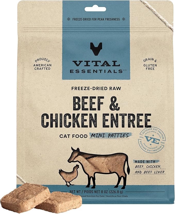 Vital Essentials Freeze Dried Raw Cat Food, Beef & Chicken Mini Patties Entree, 8 oz
