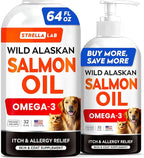 STRELLALAB Wild Alaskan Salmon Oil for Dogs - Natural Omega 3 for Dogs & Cats, Itch & Allergy Relief, Skin & Coat Support - Fish Oil Liquid, EPA+DHA Fatty Acids for Hip&Joint 64 OZ (Pack of 2)