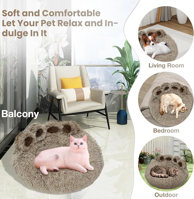 Calming Dog Bed Cat Bed Medium Size Dog - Donut Washable Medium Pet Bed, Warm Kitten Nest 24 inches Anti-Slip Round Fluffy Plush Faux Fur Cat Bed, Fits up to 25 lbs Pets, (Premium Brown)