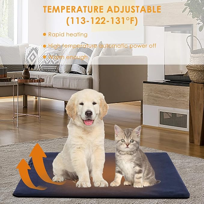 TJOY Pet Heating Pad Electric Heating Pad for Dogs and Cats Indoor Warming Mat Heated Pet Bed with Auto Power Off (L:32''x20''(Blue))