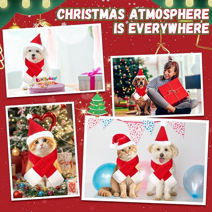 2 Pcs Pet Christmas Hat and Scarf Set, Santa Costume Accessories for Small Dogs and Cats, Adjustable Holiday Outfit for Puppy Kitten Xmas Party and Winter Dress Up