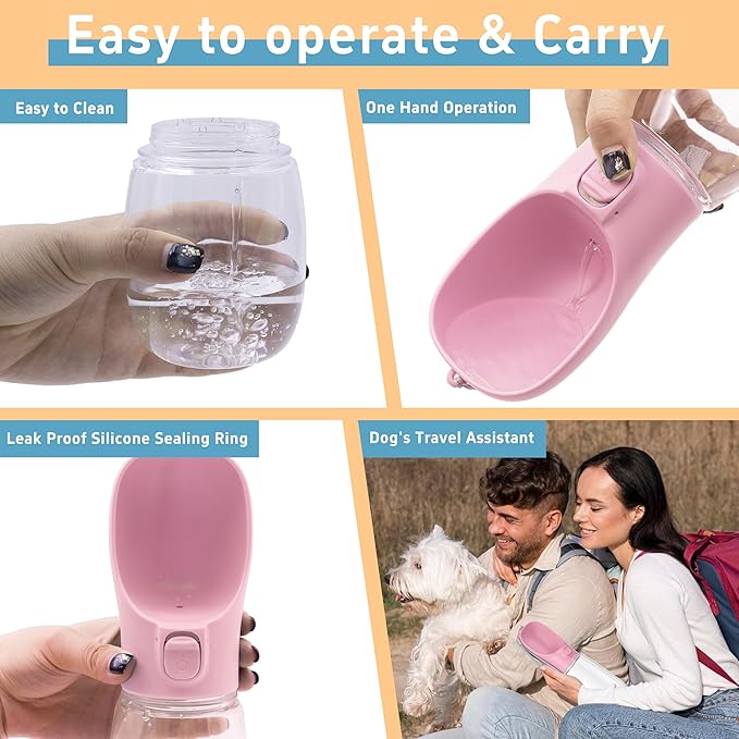 Portable Dog Water Bottle with Bowl, Leak Proof, Convenient for Walking, Hiking and Camping (Pink, 19oz)