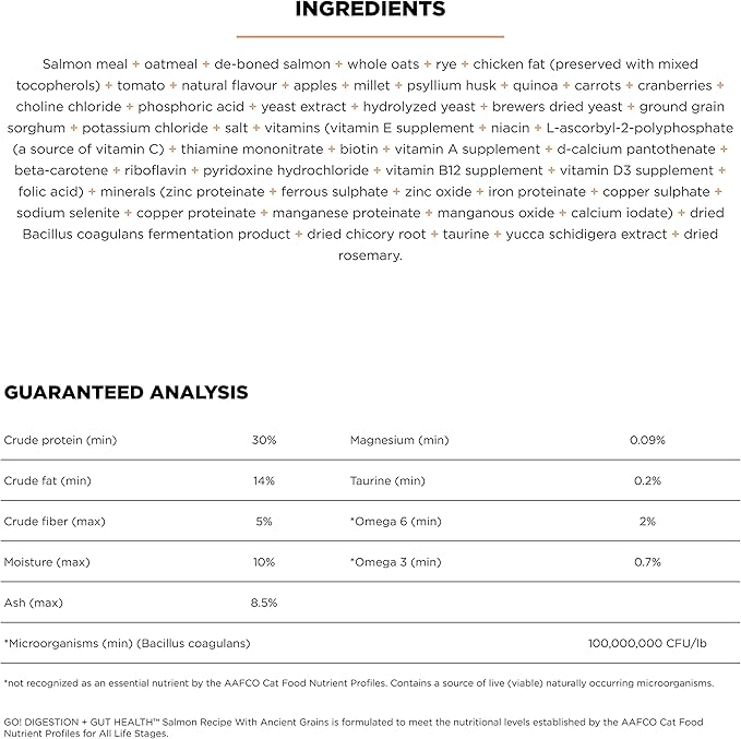 Go! Solutions Digestion + Gut Health, Dry Cat Food, Salmon Recipe with Ancient Grains, 16 lb Bag