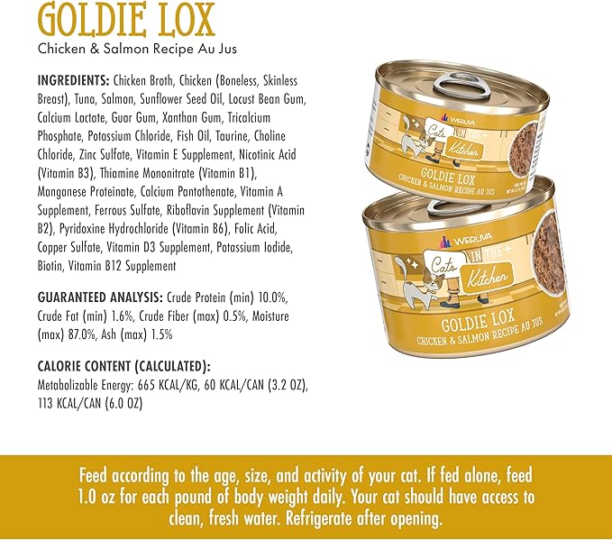 Weruva Cats in The Kitchen, Goldie Lox with Chicken & Salmon Au Jus Cat Food, 3.2oz Can (Pack of 24)