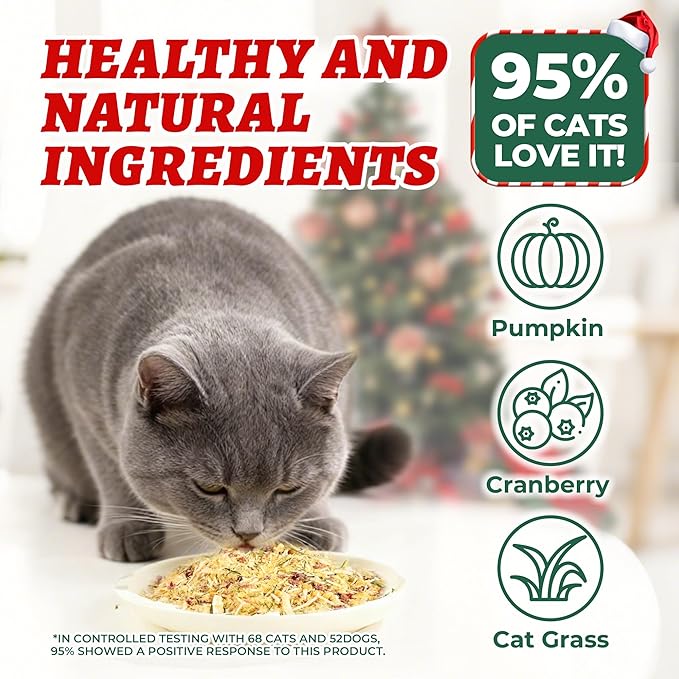 Wellix Cat Christmas Treats Freeze Dried for Cats&Dogs - High Protein Dog&Cat Food Topper 3 Ingredients Added (Cat Grass/Cranberry/Pumpkin) for Puppy or Kitten Treat 7.05oz