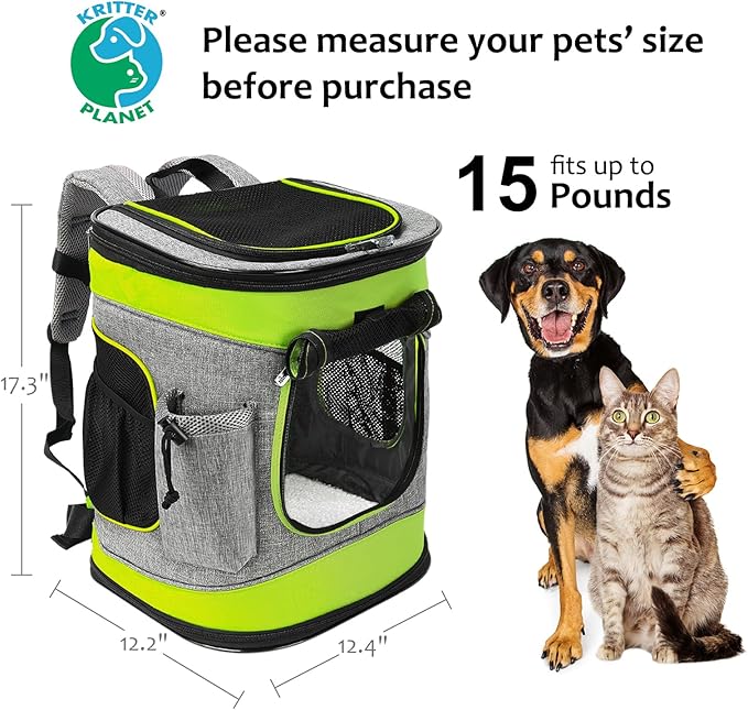 Kritter Planet Pet Carrier Backpack for Cats Dogs, Breathable Pet Backpack with 4 Mesh Window, Portable Pet Carrier for Camping