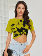 Womens Summer Crop Tops Short Sleeve Round Neck T-Shirts Loose Fit Casual Blouse