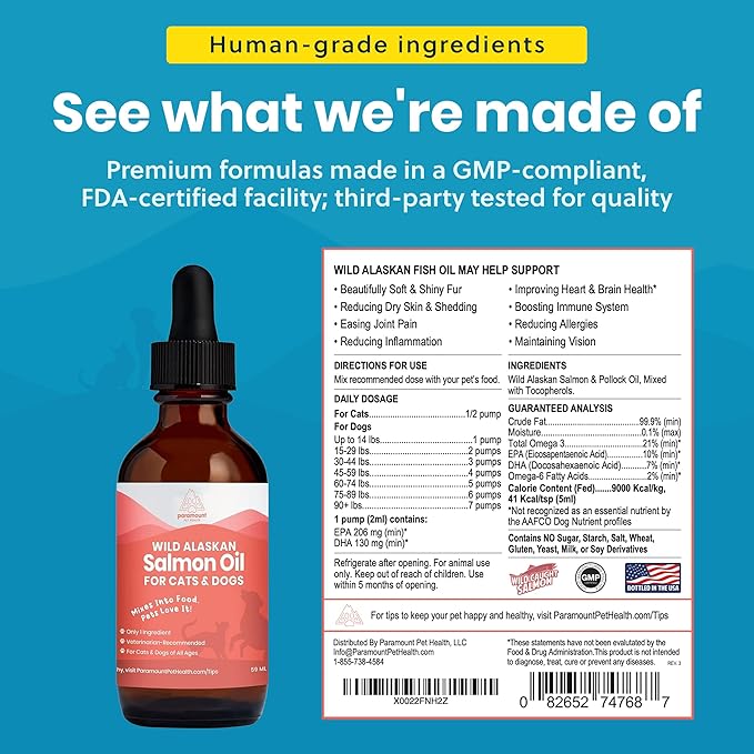 Paramount Pet Health Wild Alaskan Salmon Oil for Cats & Small Dogs, Supports Skin, Coat, Joint & Overall Well-Being, Pure & Premium Alaskan Salmon Oil for Dogs & Cats with No Fillers, 2 oz