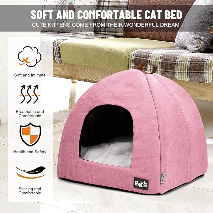 Cat Beds for Indoor Cats -Premium Pet Beds for Cats and Small Dogs, Cat Bed Cave, Comfortable Covered Cat Bed, Cat Tent, Kitten Bed, Small Animal Bed and Cat Hut with Cushioned Pillow (Large, Pink)