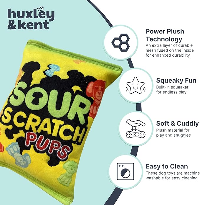 Huxley & Kent Funny Dog Toy w/Squeaker – Power Plush Squeaky Dog Toys for Small, Medium & Large Dogs – Soft Stuffed Animal for Indoor Play & Fetch - Sour Scratch, Small