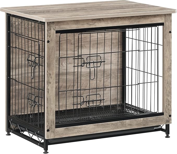Feandrea Dog Crate Furniture, 27.2" Side End Table, Modern Kennel for Dogs Indoor up to 30 lb, Heavy-Duty Dog Cage with Multi-Purpose Removable Tray, Double-Door Dog House, Greige UPFC001G01