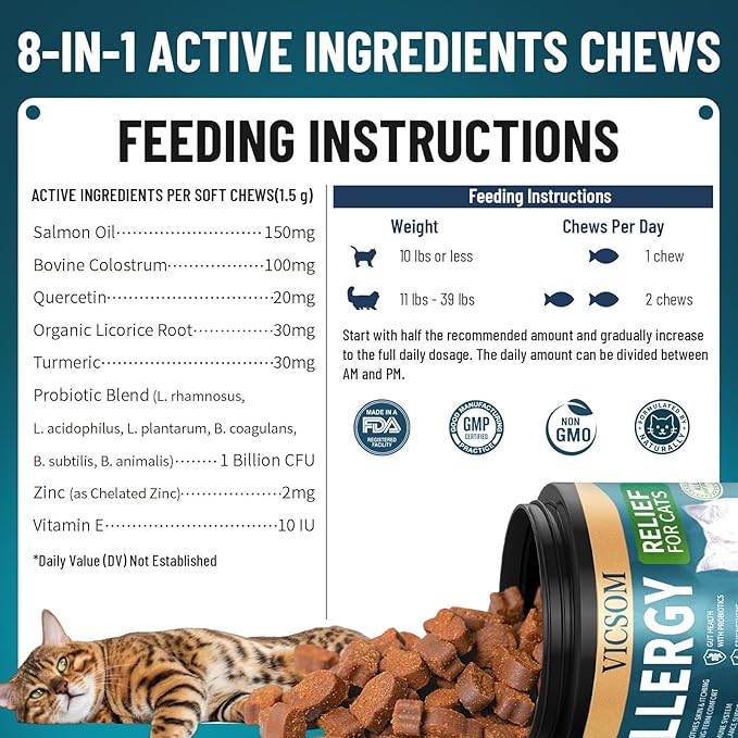 200 Natural Cat Allergy Relief Chews, Cat Itchy Skin Allergy Relief & Immune Support Chews for Seasonal Allergies Cats, Itch Relief for Cats Paws, Eyes, Ears, Stop Licking & Scratching, Chicken Flavor
