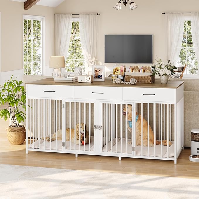 HOSTACK Double Dog Crates Furniture, 71" Wide Indoor Dog Kennel with 3 Drawers, Farmhouse Dog Cage for 2 Large/Medium Dogs, Heavy Duty Dog Crate with Removable Room Divider, Wooden Pet House, White
