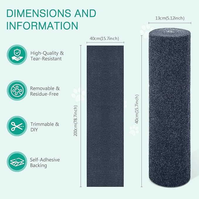 ORIA Cat Scratching Mat, Cat Scratch Furniture Protector, Trimmable Self-Adhesive Climbing Cat Scratcher Mat, Replacement Carpet Pad for Cat Tree Post Shelves Wall, 2 Meters, Grey