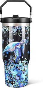 30oz Sea Turtle Gifts Tumblers for Women with Handle and Straws, Stainless Steel Vacuum Insulated Coffee Tumbler, Travel Mug Water Bottle, Sea Turtle Stuff Accessories Decor