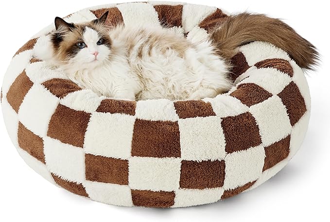 LE SURE Donut Small Dog Bed - Round Cat Bed for Indoor Cats with Anti-Anxiety Calming Teddy Sherpa Plush & Anti Slip Bottom Brown