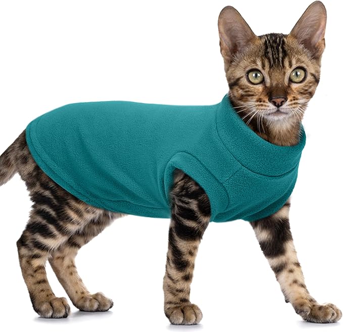 PUMYPOREITY Fleece Sphynx Cat Clothes, Warm Thick Cat Sweater, Soft Winter Coat for Hairless Cats, Cold Weather Pet Sweater for Dogs and Cats, Blue, L