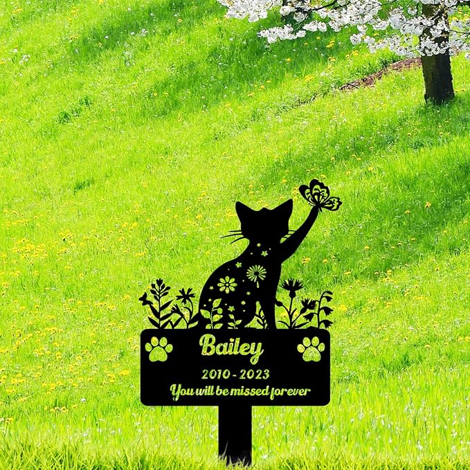 Custom Pet Cat Memorial Grave Marker, Personalized Flowers Cat Memorial Grave Marker Metal Art Cat Remembrance Loss Gift, Customized Butterfly Cat Memorial Engraved Sign with Stake