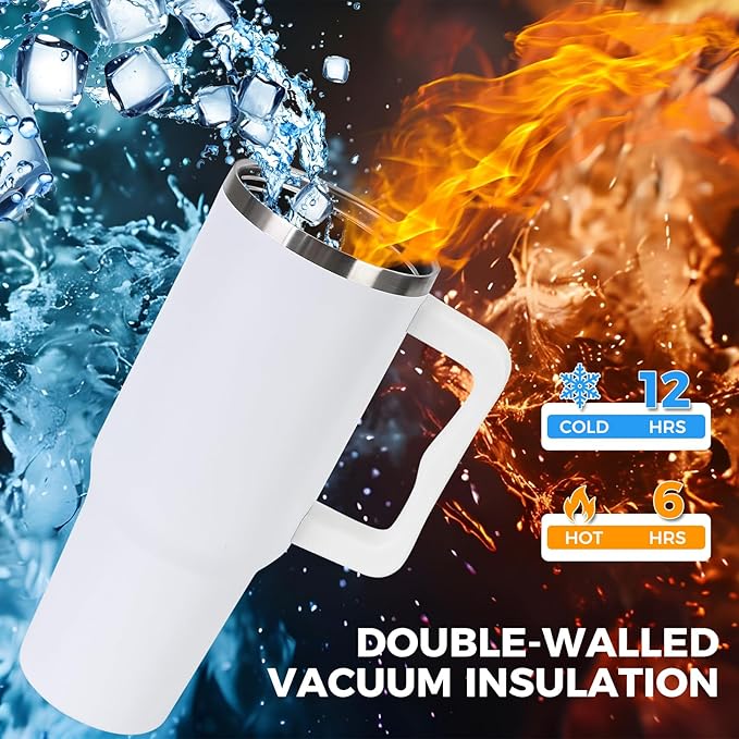 40 oz Tumbler with Handle and Straw Lid Insulated Cup Stainless Steel Water Bottle Travel Mug Cupholder Use Gifts for Women Men Kids Trek Collection White