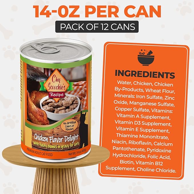 Chef Scoochie's Tender Chicken Chunks in Gravy Wet Cat Food - Easy Open Pop-Top Cans - Protein & Essential Nutrients - Gourmet Meal for Indoor & Outdoor Cats 12 Cans (14 oz e.)