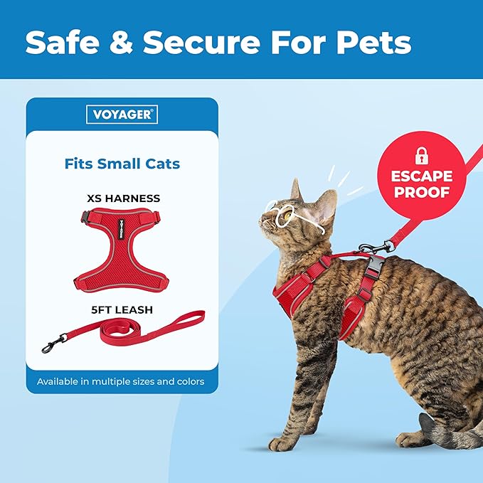 Voyager Escape-Proof Step-in Lock Cat Harness & 5ft Neoprene-Handle Leash Set All-Weather Mesh with Reflective Stitching for Small to Large Cats by Best Pet Supplies, Red (327), XS