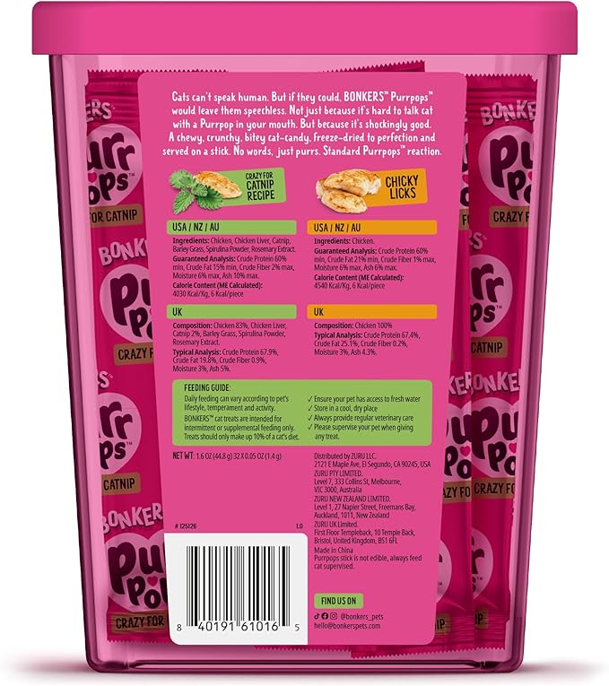 Bonkers Purrpops Freeze Dried Chicken & Catnip Flavor Lollipop Cat Treats, Healthy Single Ingredient Treats, Training Treats or Food Topper, for All Breeds and Ages, Value Pack (32 Pieces)